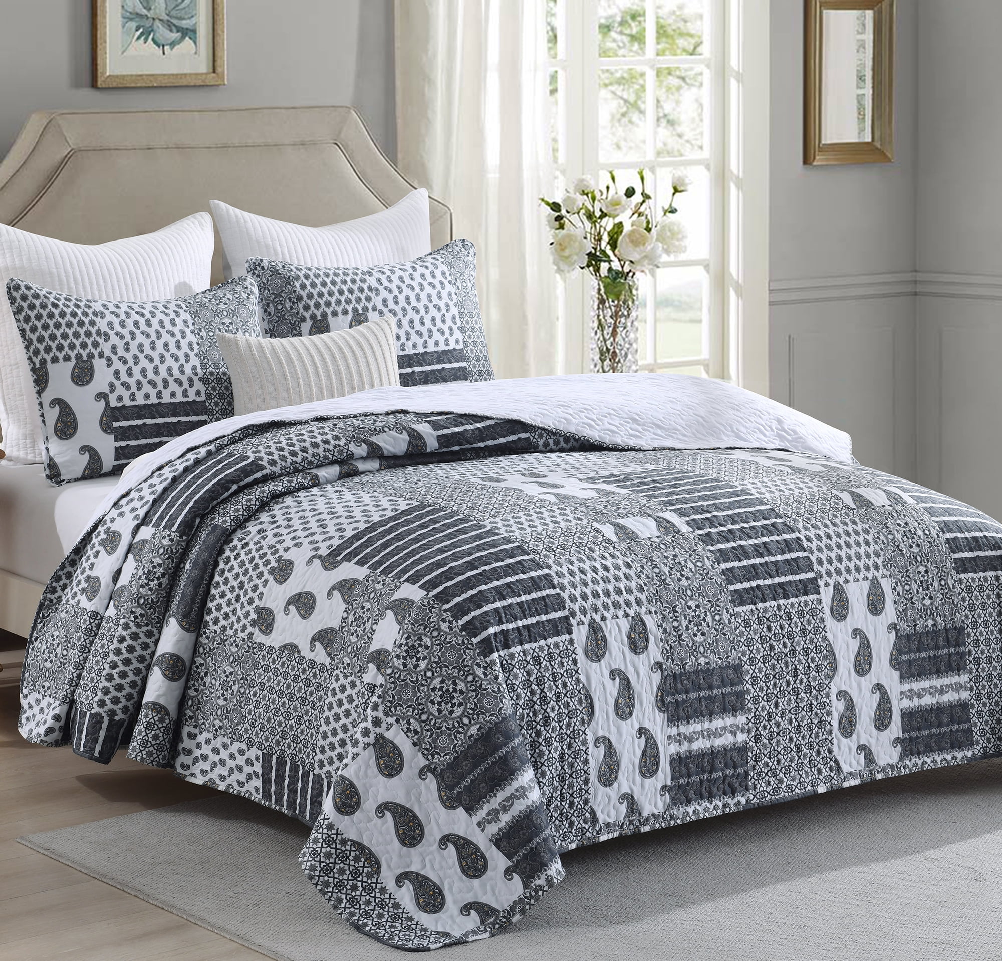 King Size Quilt Set, GREAGLE 3-Piece Warm Lightweight Rustic Farmhouse Grey Coverlet Patchwork Full Bedspreads Set with Pillow Shams, 104x90 inch, Gray Paisley Plaid Print