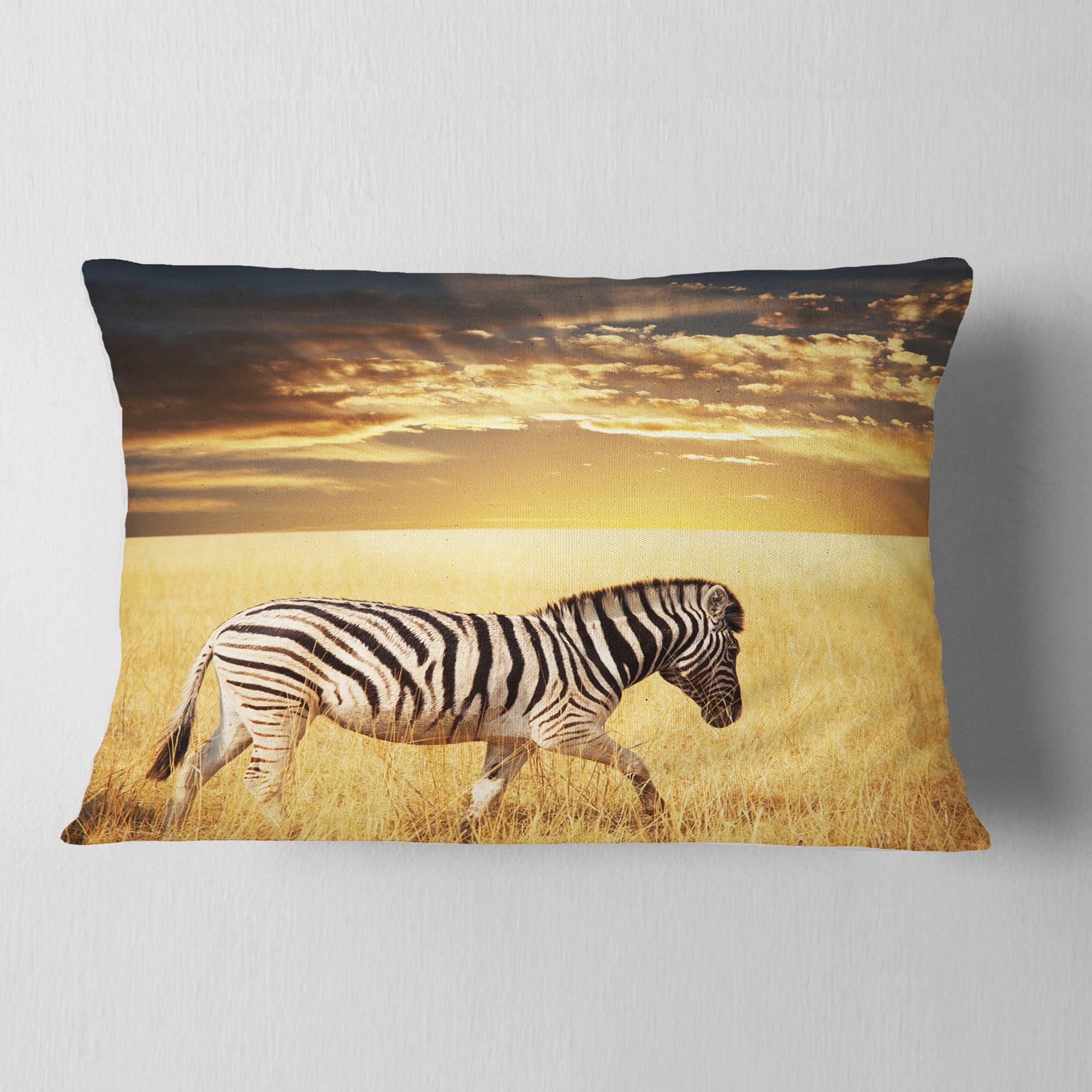 Designart Solitary Zebra Walking in Grassland - African Throw Pillow - 12x20
