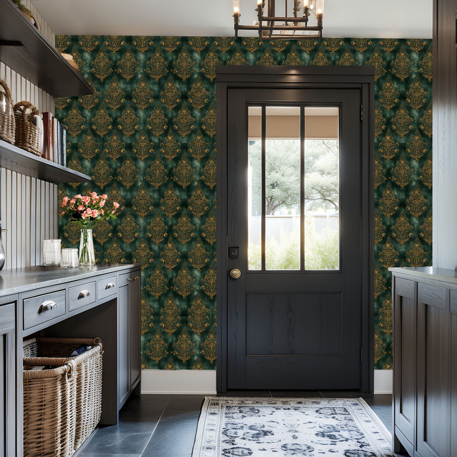 Peel and Stick Wallpaper Baroque Elegant Vintage Gold Floral Damask Dark Green Wall Mural 17.7in x 9.8ft Self Adhesive Removable Wall Paper Renter Friendly Wallpaper for Nursery Bedroom Cabinets