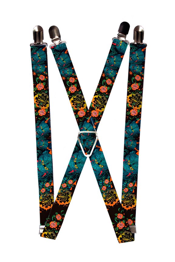 Blue Scary Dragon Faces with Dark Floral Pattern Suspenders