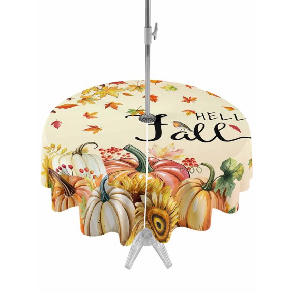 Outdoor Tablecloth with Umbrella Hole and Zipper, Orange Hello Fall Round Table Cloth 54 Inch Waterproof Tablecloth, Thanksgiving Pumpkins Maple Leaf Picnic Table Cover for Patio Camping