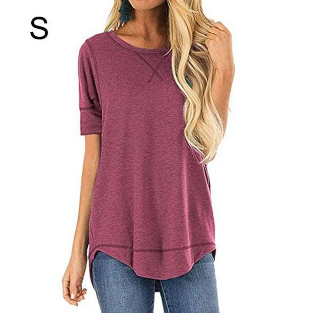 stanreset Women T-shirt Solid Color Stitching Top Asymmetrical Hem Blouse, Red, S