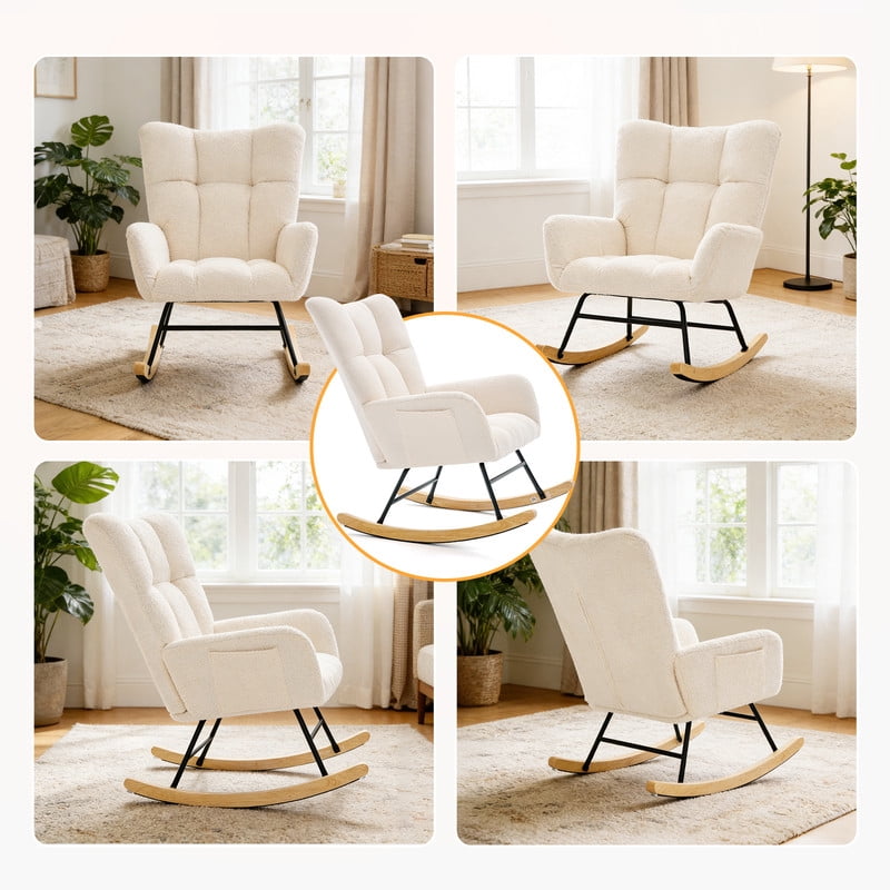 Gianna Rocking Chair with High Backrest, Teddy Upholstered Indoor Reading Glider Chair with Comfy Seat for Bedroom, Living Room, Beige