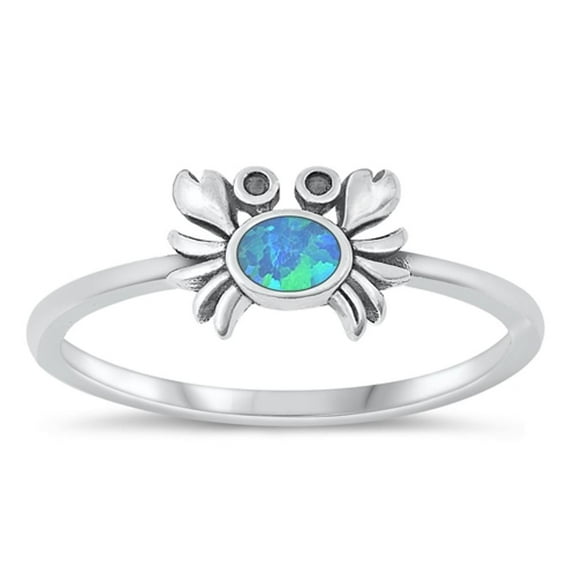 Blue Simulated Opal Crab Ring .925 Sterling Silver Beach Band Cubic Zirconia Jewelry Female Size 4