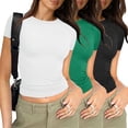 thumbnail image 2 of JFHHQ T-Shirt Basique Ajusté pour Femmes, Manches Courtes, Mode Décontractée, 3 Pcs TG Vert, 2 of 6