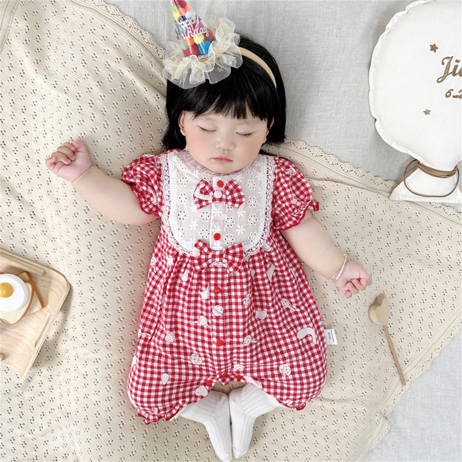 Yuncity Girls Jumpsuit Short Sleeve Crew Neck Plaid Romper Summer Leisure Relaxed Daily Wear Kids Onesie Sized 3-6 Months Red