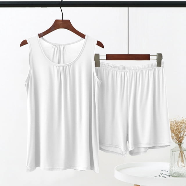 Conjunto de pijama de dos piezas para mujer, suelto, de verano, con tirantes de color liso, para estar en casa, blusa modal y pantalones