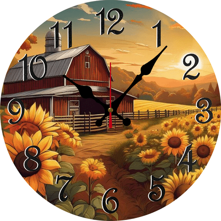 Eveokoki Rustic Sunflowers Sunset Farmhouse Wooden Wall Clock - 12 Inch Silent Non-Ticking Decorative Clock for Kitchen, Living Room, Bedroom, Country Home Decor