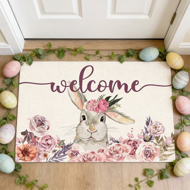 HCBY Easter Bunny Entryway Mat with Non-Slip Base - Machine Washable Polyester Floor Rug for Indoor Outdoor Use - Holiday Decor for Bathroom, Bedroom, Front Door