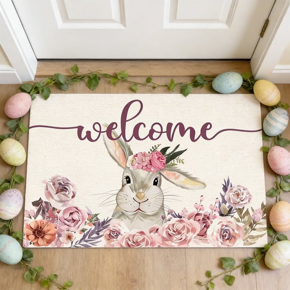 Easter Door Mat,Spring Bunny Floral Flower Indoor Outdoor Non-Slip Doormat,Entryway Front Porch Easter Rabbit Welcome Door Mat Colorful for Entrance Decor