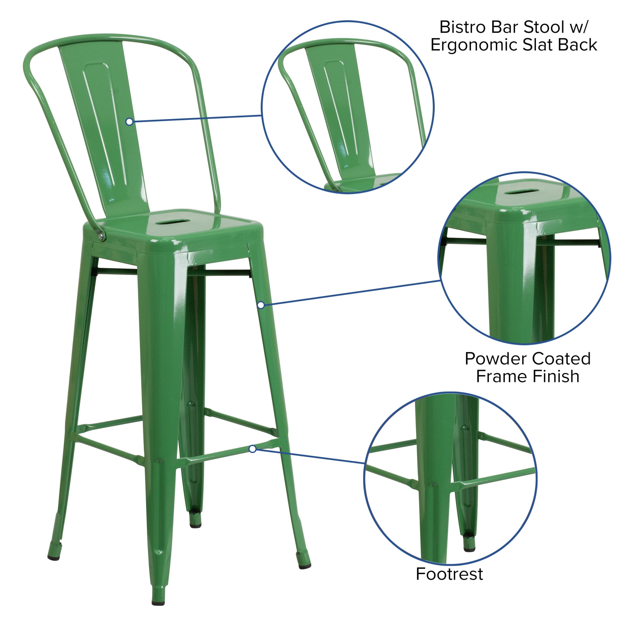 Merrick Lane Contemporary Square Indoor-Outdoor Use Curved slatted back Bar Height Stool, Green
