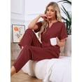 thumbnail image 3 of DARING DIVA Satin Pajamas Silky Short Sleeve V Neck Shirt Long Pant Set XL Red, 3 of 7