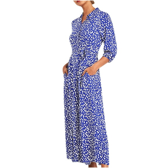 Aoochasliy Fall Dresses for Women Clothes Fall Fashion Casual Turndown Collar Dress Lantern Long Sleeve Printing Dress Long Dresses