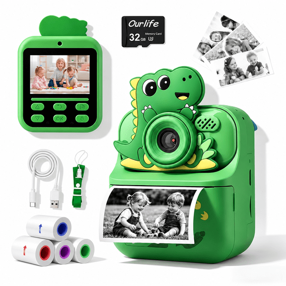 Instant Print Camera for Kids, 2.4" Screen, 1080P Digital, Selfie Video MP3 Games, 32GB Card, 4 Paper Rolls, Toy Camera Gift Green