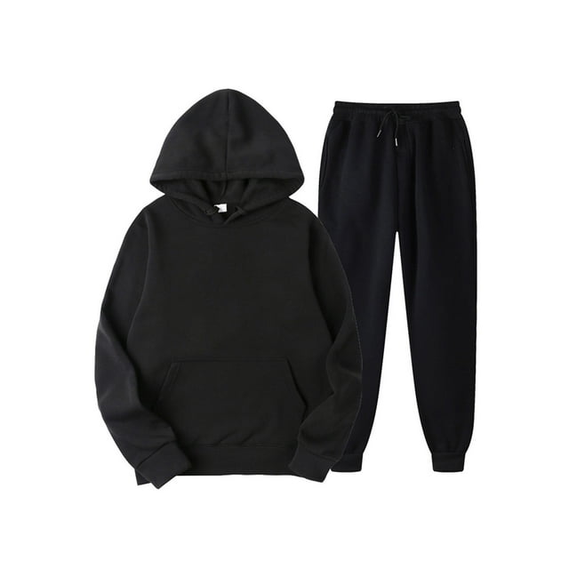 Innerwin Hoodies And Sweatpant Set Solid Color Mens Tracksuit Winter Hooded Warm 2 Piece Hoodie Black L