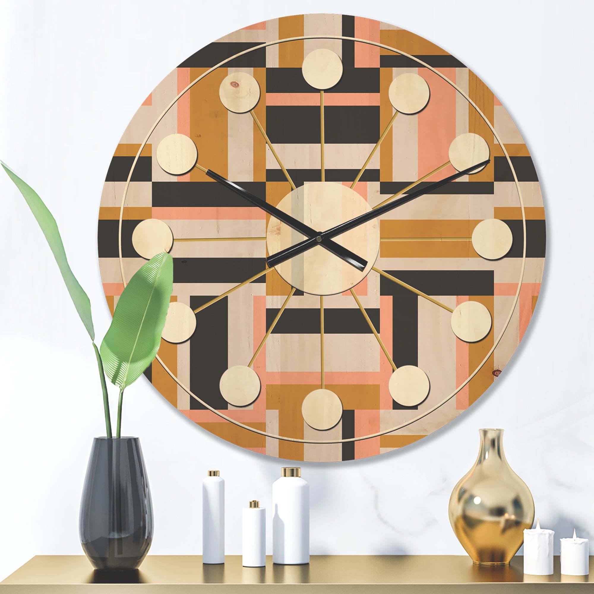 Designart 'Abstract Retro Geometric Pattern Design IX' Mid-Century Modern Wood Wall Clock