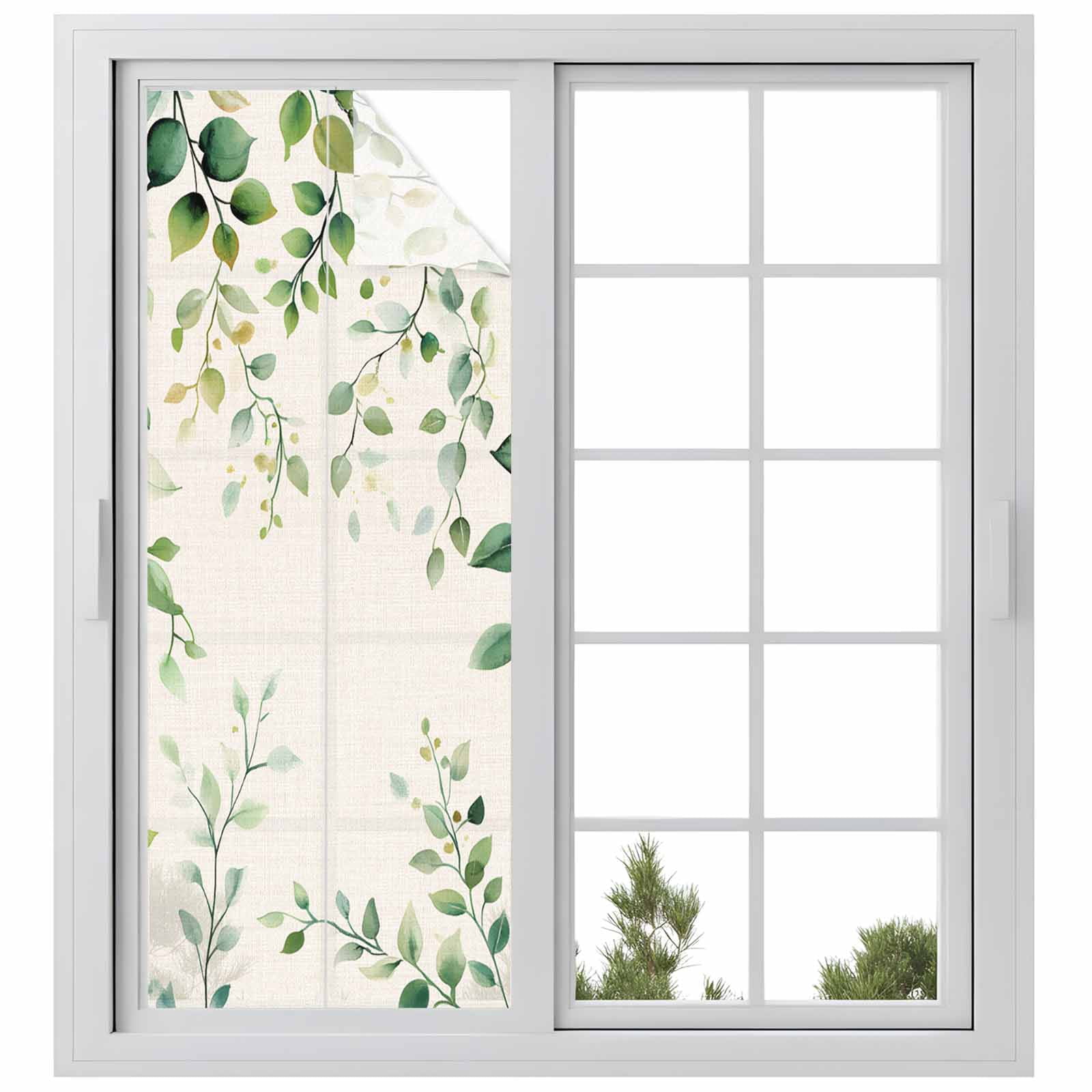 Green Eucalyptus Window Privacy Film, Country Nature Leaf Succulent Plant Static Cling UV Sun Blocking Tint Film Heat Control Windows Films for Bedroom Bathroom, Window Stickers 23.6"x59"