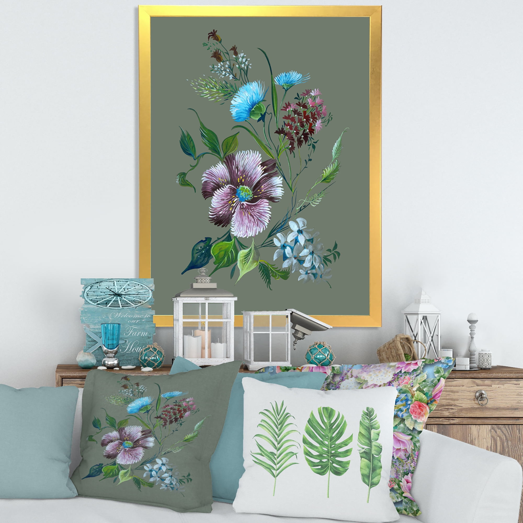 Turquoise and Purple Spring Flowers 24 in x 32 in Framed Painting Canvas Art Print, by Designart
