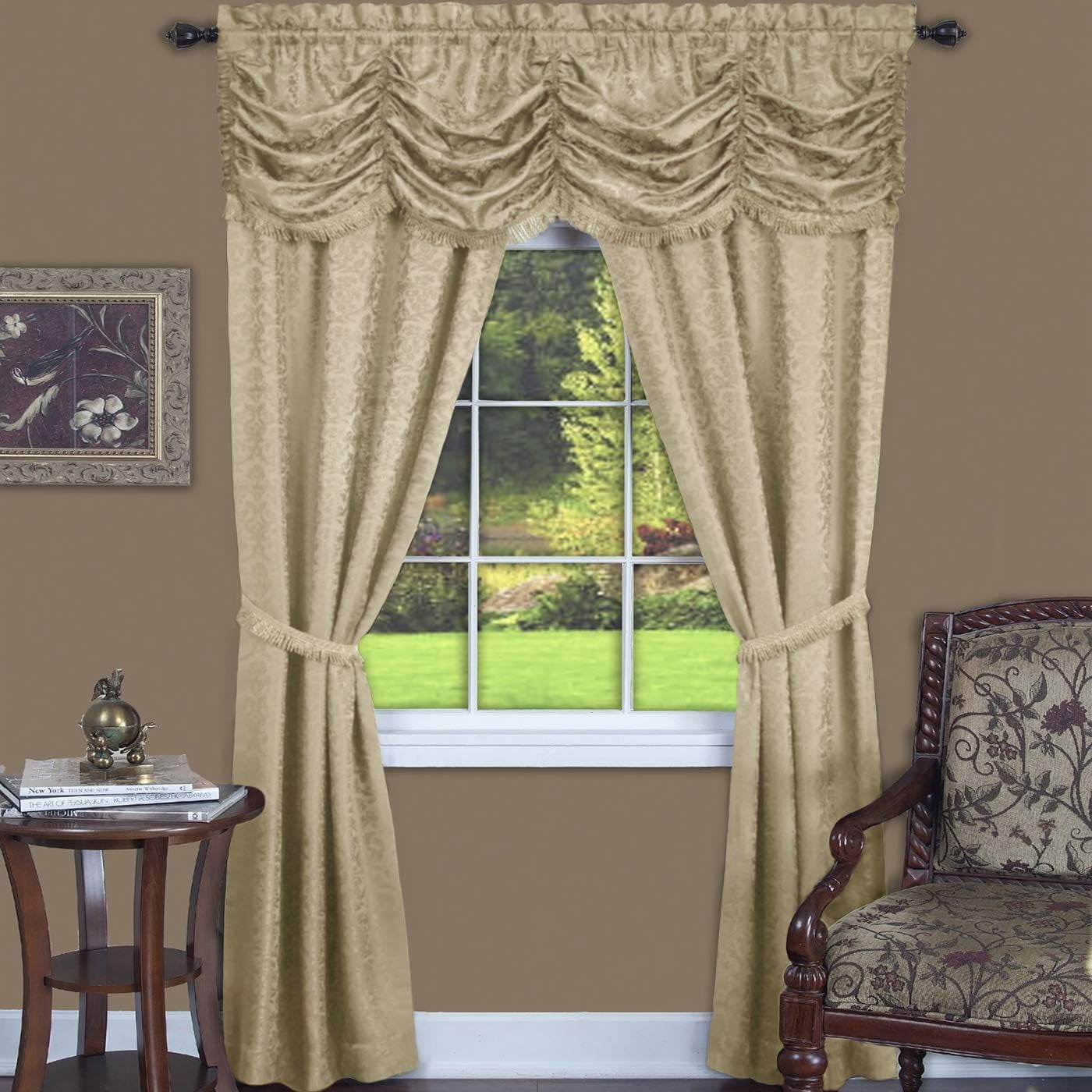 PowerSellerUSA 5-Piece Complete Window Curtains Set with Panels, Valance, Tiebacks, Room Darkening Curtains, Luxurious Window Curtains for Living Room, Bedroom, Dining Room, 55" W x 63" L, Navy Blue