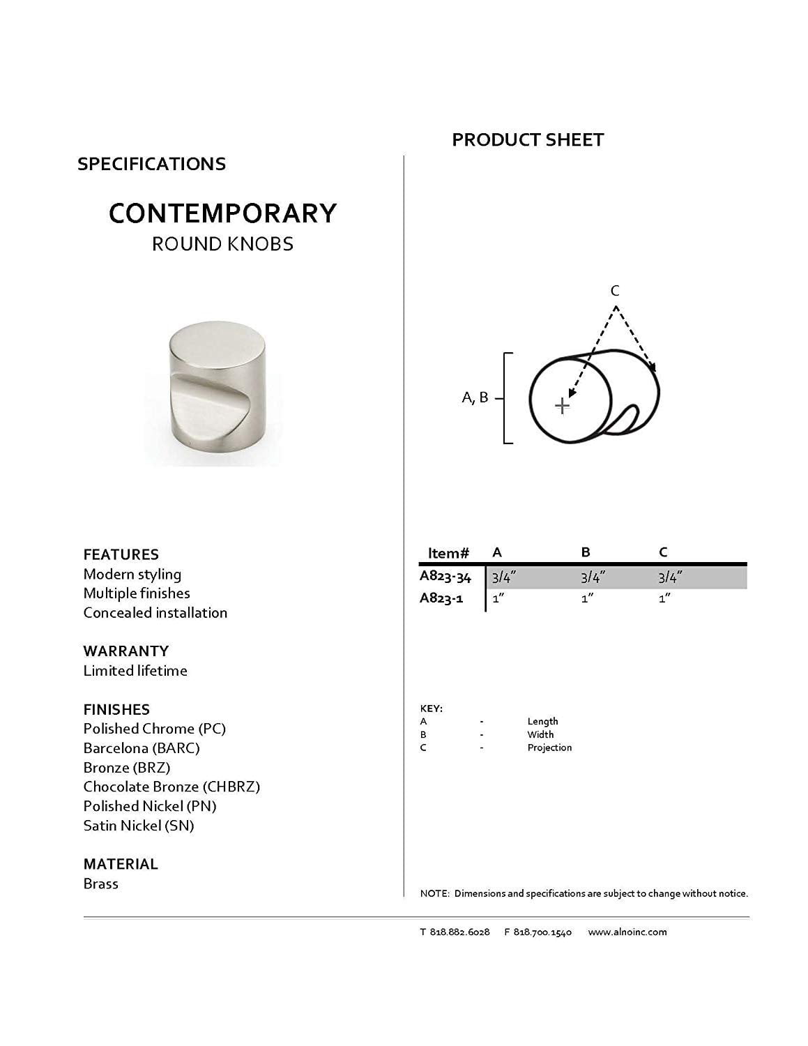 Alno 1" Cabinet Knob - Polished Nickel