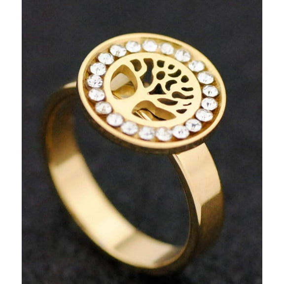 Gold-plated stainless steel life tree diamond ring