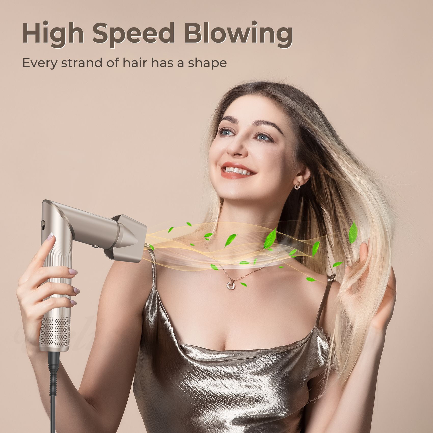 Foldable 5-in-1 Hot Air Styling System, Professional Hair Dryer Brush Kit with Airflow Curler, Smoothing & Volumizing Attachments, Ionic Technology for Travel, Champagne Gold