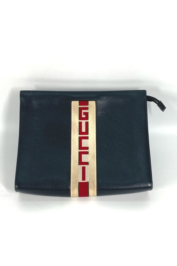 Pre-Owned GUCCI 475316 Pouch Web Stripe Logo Second Bag Clutch Leather Men's Black (Good)