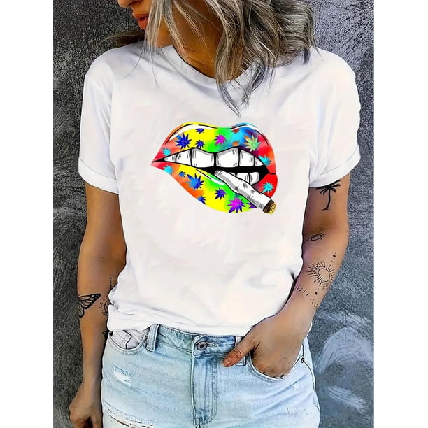 Camisetas Coloridas con gráficos para Mujer, Manga Corta, Cuello Redondo, Camisetas de Verano Lindas, Blusas Ligeras InformalesWomen's Fashion Geometric Maple Leaf Lips Print T-Shirt, Casual Round N
