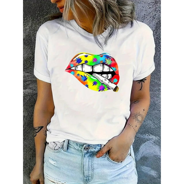 Camisetas Coloridas con gráficos para Mujer, Manga Corta, Cuello Redondo, Camisetas de Verano Lindas, Blusas Ligeras InformalesWomen's Fashion Geometric Maple Leaf Lips Print T-Shirt, Casual Round N