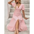 thumbnail image 6 of Women's V-Neck Puff Sleeve Dress with Decorative Button and Slit Ruched Detail 80% viscose 20% polyamide Casual Chic Wear, 6 of 10