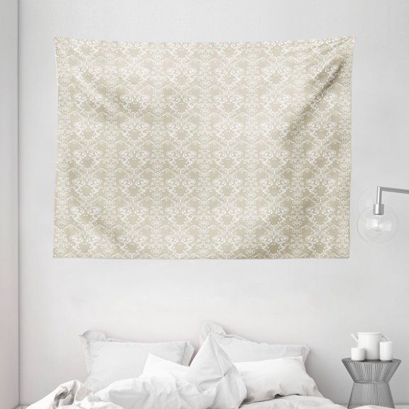 Beige Tapestry, Lace Inspired Floral Arrangement Traditional Foliage Pattern Ornate Romantic Design, Wall Hanging for Bedroom Living Room Dorm Decor, 80W X 60L Inches, White Beige, by Ambesonne
