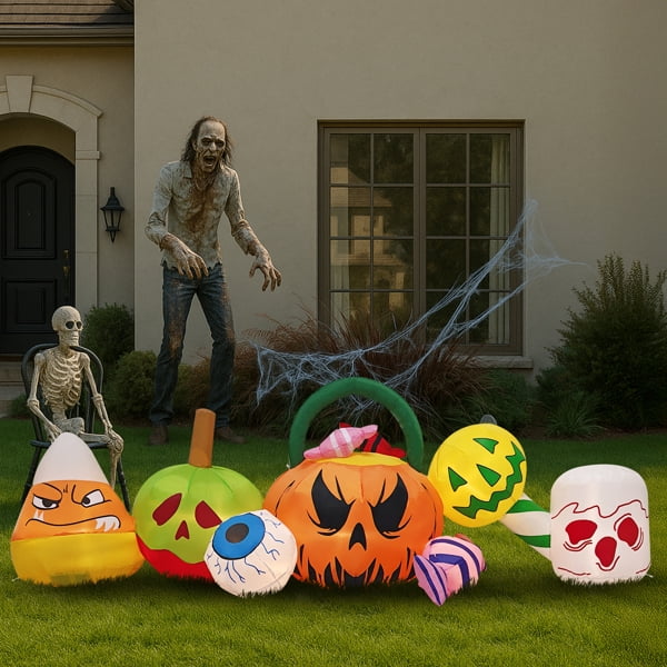 8FT Halloween Inflatable Pumpkin Ghost Scene - LED Lighted Outdoor Decor with Quick Inflation for Yard, Garden & Indoor Party