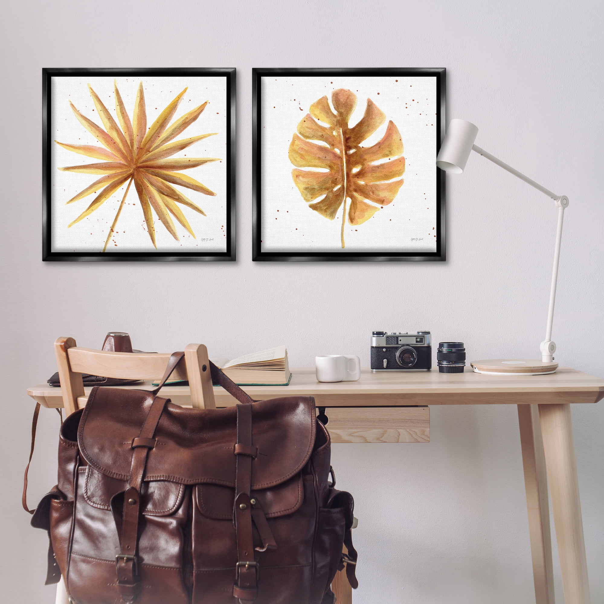 Stupell Industries Golden Palm Monstera Leaves Plants & Flowers Painting Black Floater Framed Canvas Art Print Wall Art, 25 x 25, Set of 2