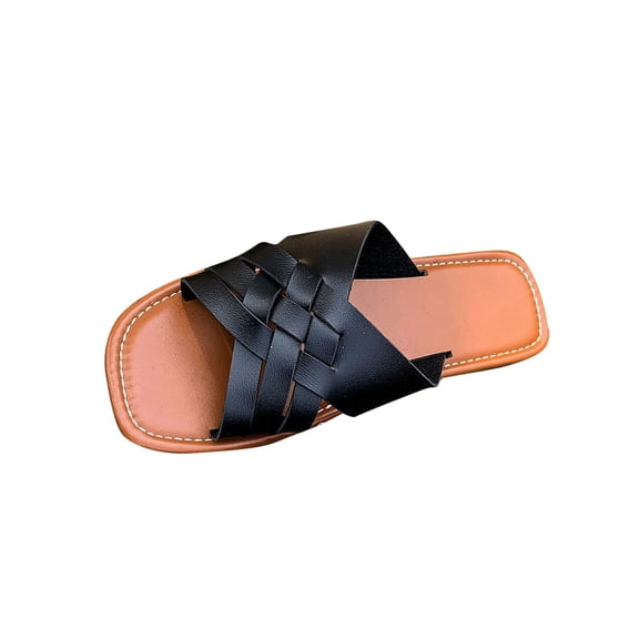 Black Ladies Slide Sandals Crisscross Straps Flat Sole Comfortable Lightweight For Summer Beach Outdoor Daily Casual Walking Activities Size 36