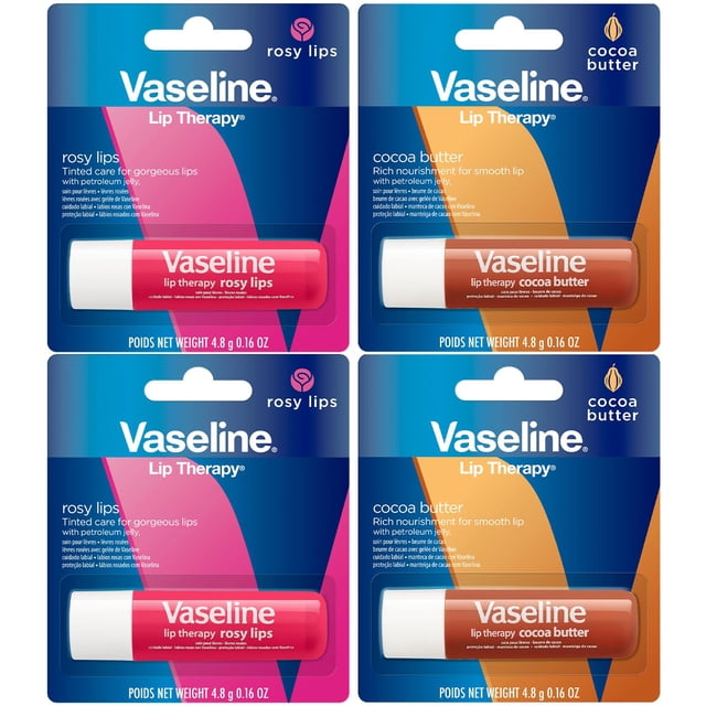 Vaselina Lip Therapy Variedad Paquete de 4 - Labios rosados ??+ Bálsamo labial hidratante de manteca de cacao con vitamina E 0.16 oz Ea