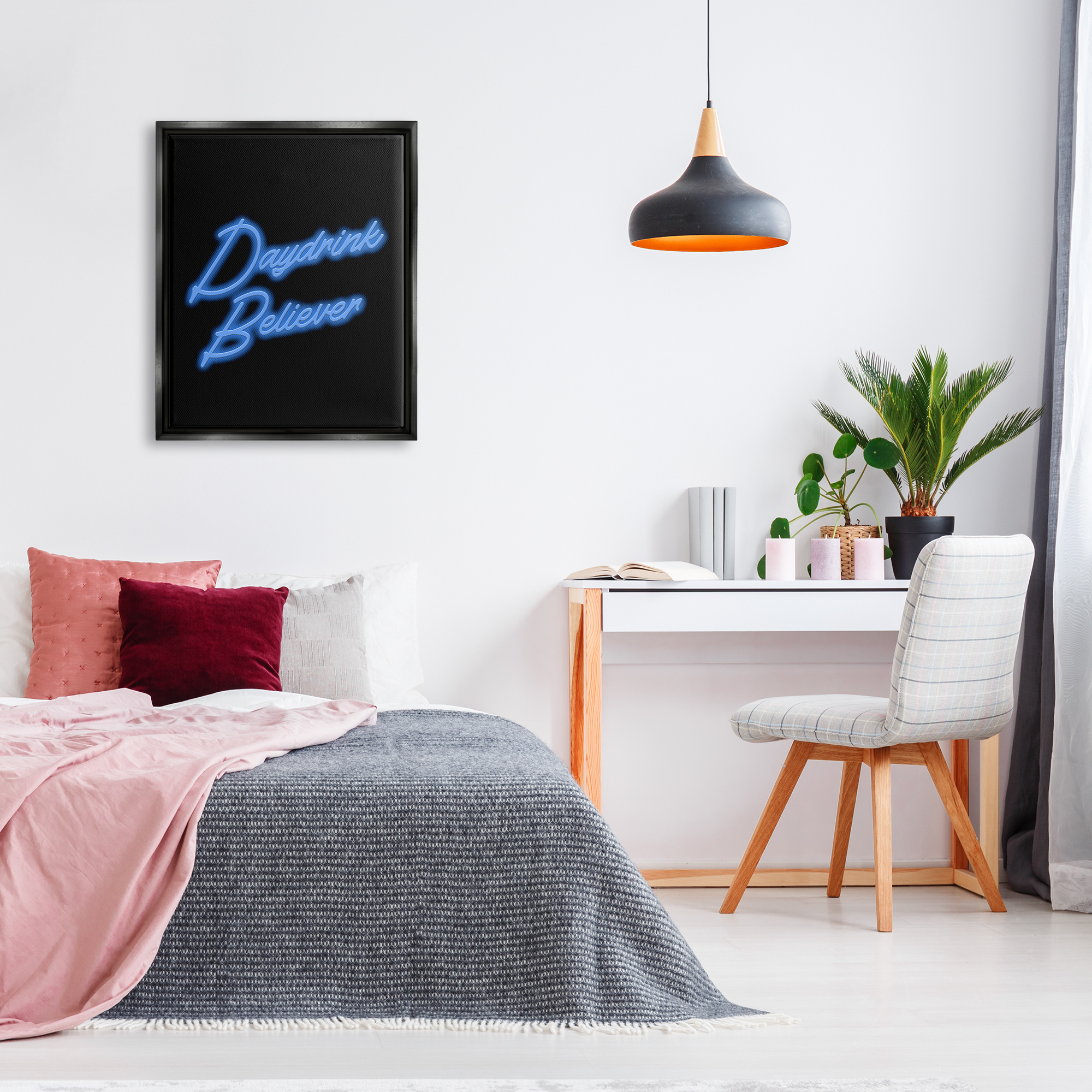 Stupell Industries Neon Daydrink Believer Phrase Inspirational Painting Black Floater Framed Canvas Art Print Wall Art, 25 x 31