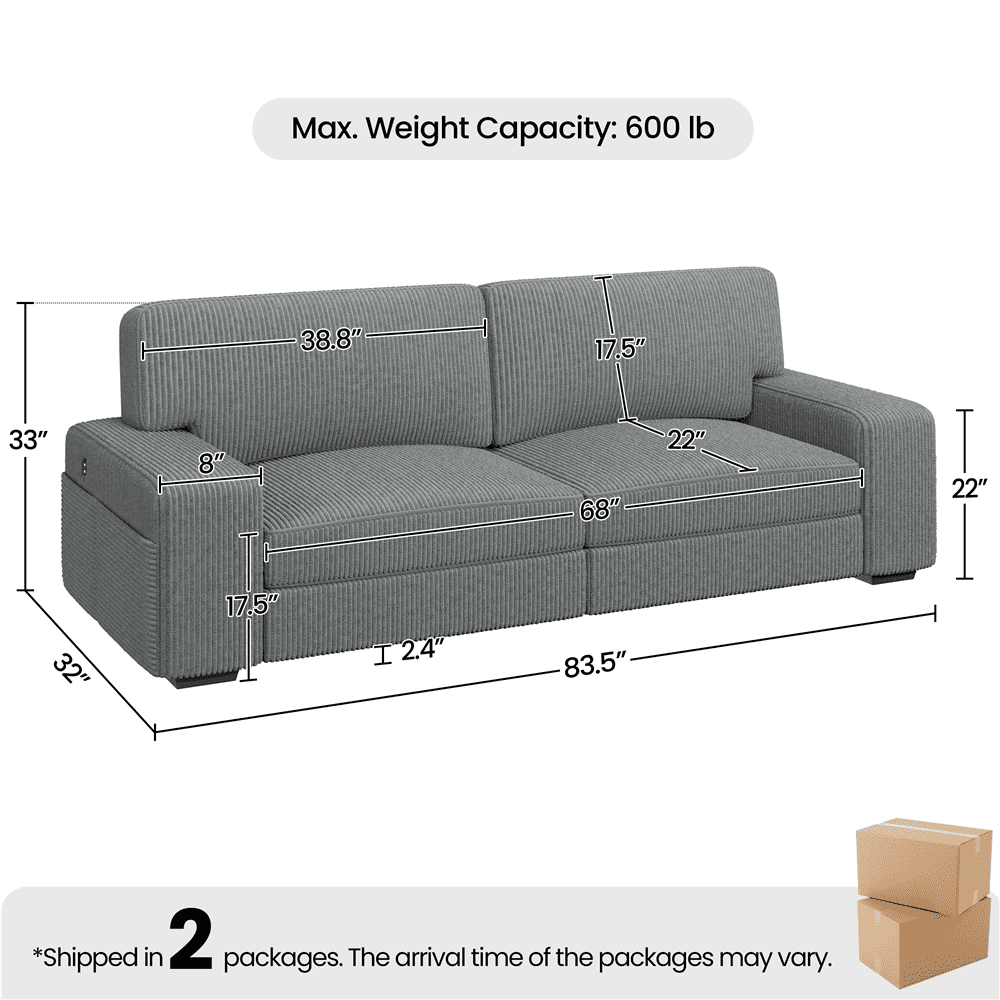 Renwick 83.5'' W 2-Seater Modern Corduroy Fabric Sofa Couch with USB Charging Ports for All Ages, Dark Gray
