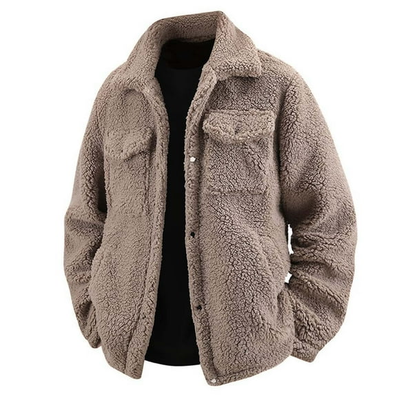 ZUKMRJPC Men's Fleece Warm Jacket Casual Button Down Lapel Solid Color Fluffy Jackets Winter Warm Cozy Thick Coats with Flat Pockets