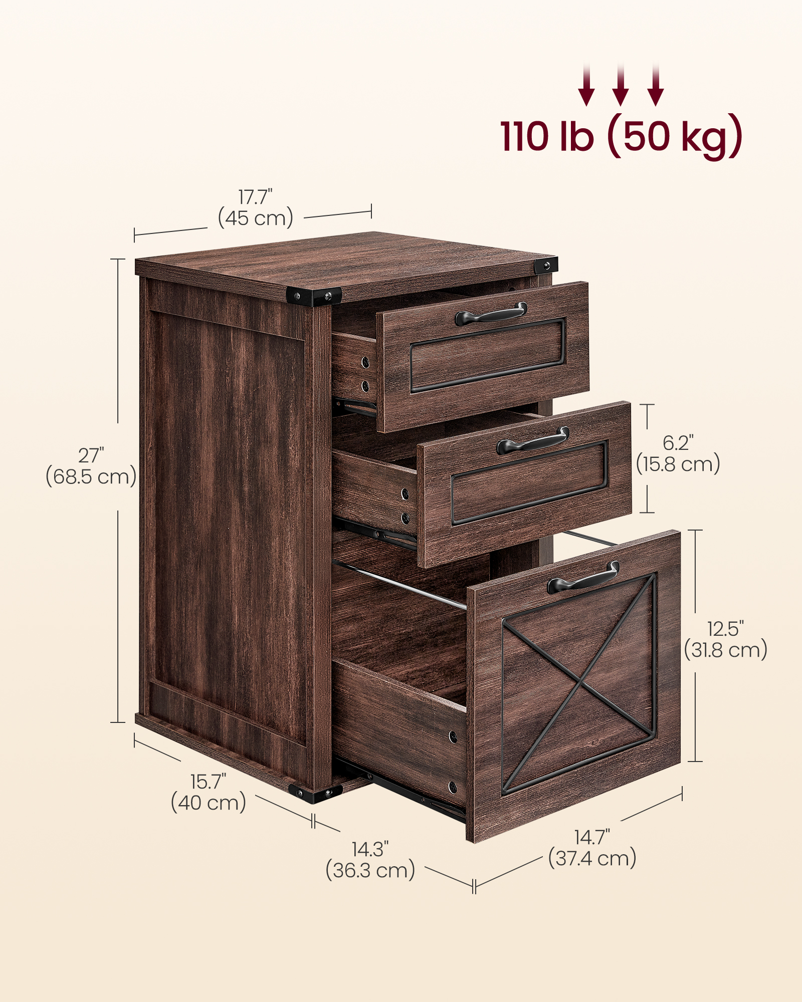 File Cabinet, 15.7"D x 17.7"W Filing Cabinet with 3 Drawers, Printer Stand for Home Office, Dark Brown