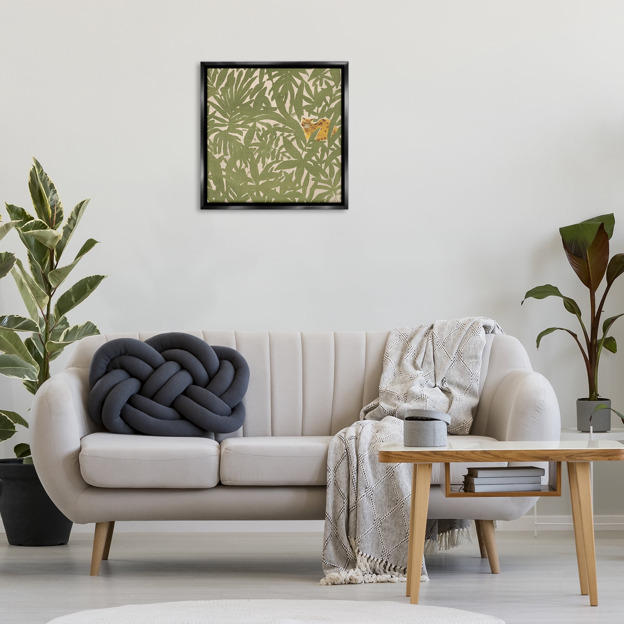 Stupell Industries Hiding Cheetah Palm Plants Botanical & Floral Painting Black Floater Framed Canvas Art Print Wall Art, 25 x 25