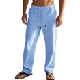 thumbnail image 3 of Men's Simple Casual Elastic Waist Drawstring Straight Leg Linen Pants Light Blue XXL, 3 of 10