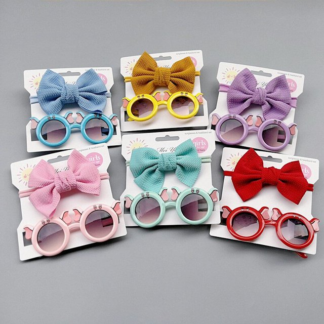 2Pcs/Set Lovely Seaside Headwear Baby Bows Headband Girl Cute Sunglasses Elastic Nylon Hair Bands Protection Glasses Accessories5 He Qiyong unisex