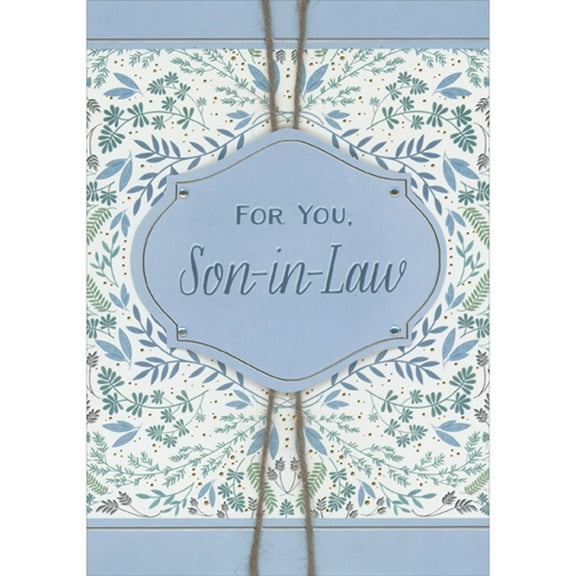 Designer Greetings Blue 3D Banner with Clear Gems and Foil Border Over Brown String and Blue Vines Background Hand Decorated Father's Day Card for Son-in-Law