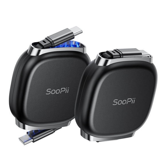 SooPii USB C to USB C Cable (2Pack 3.3FT), 240W Retractable USB C Fast Charging Cable with Mag Snap Storage, 5-Stage Length Preset Type C Cable for i