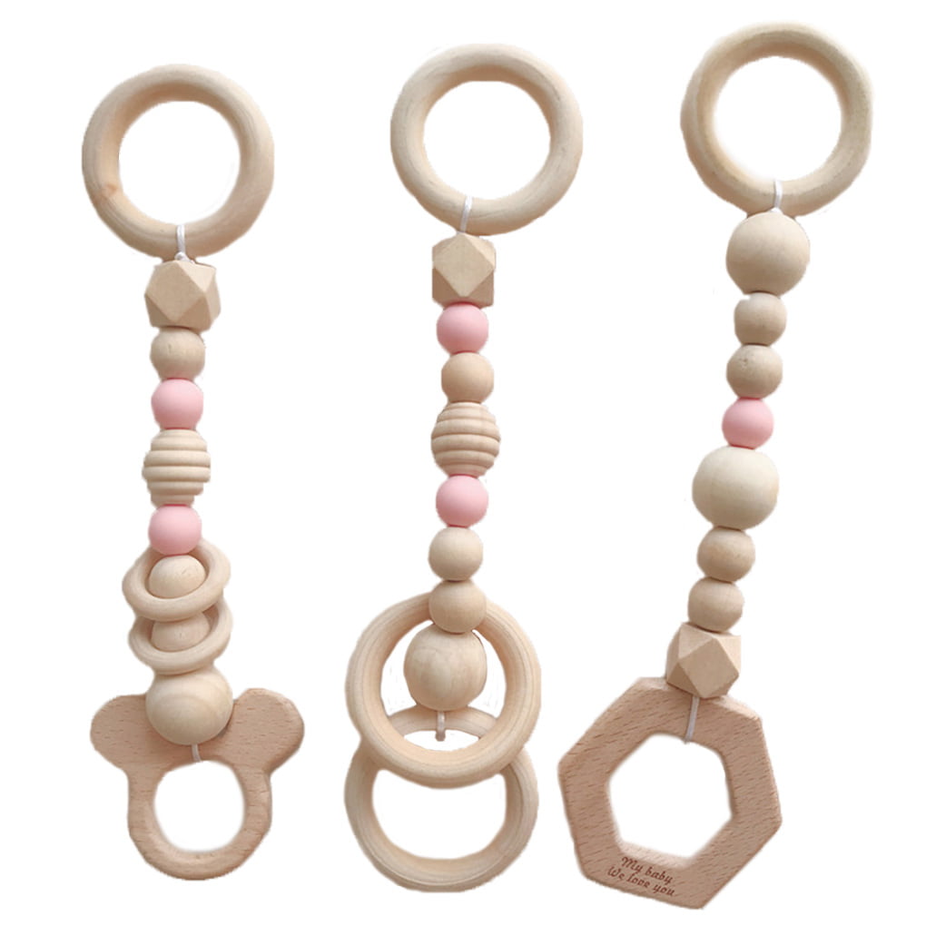 Crochet Ring Wooden Play Gym Toy Stroller Chew Hexagon Silicone Beads BPA Free 