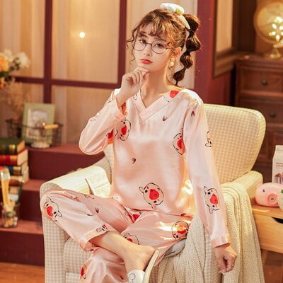 

PIKADINGNIS New Spring Womens Pajamas Sets Flower Print Fashion Luxury Female Faux Silk Two Pieces Shirts Long Pants Sleepwear Set