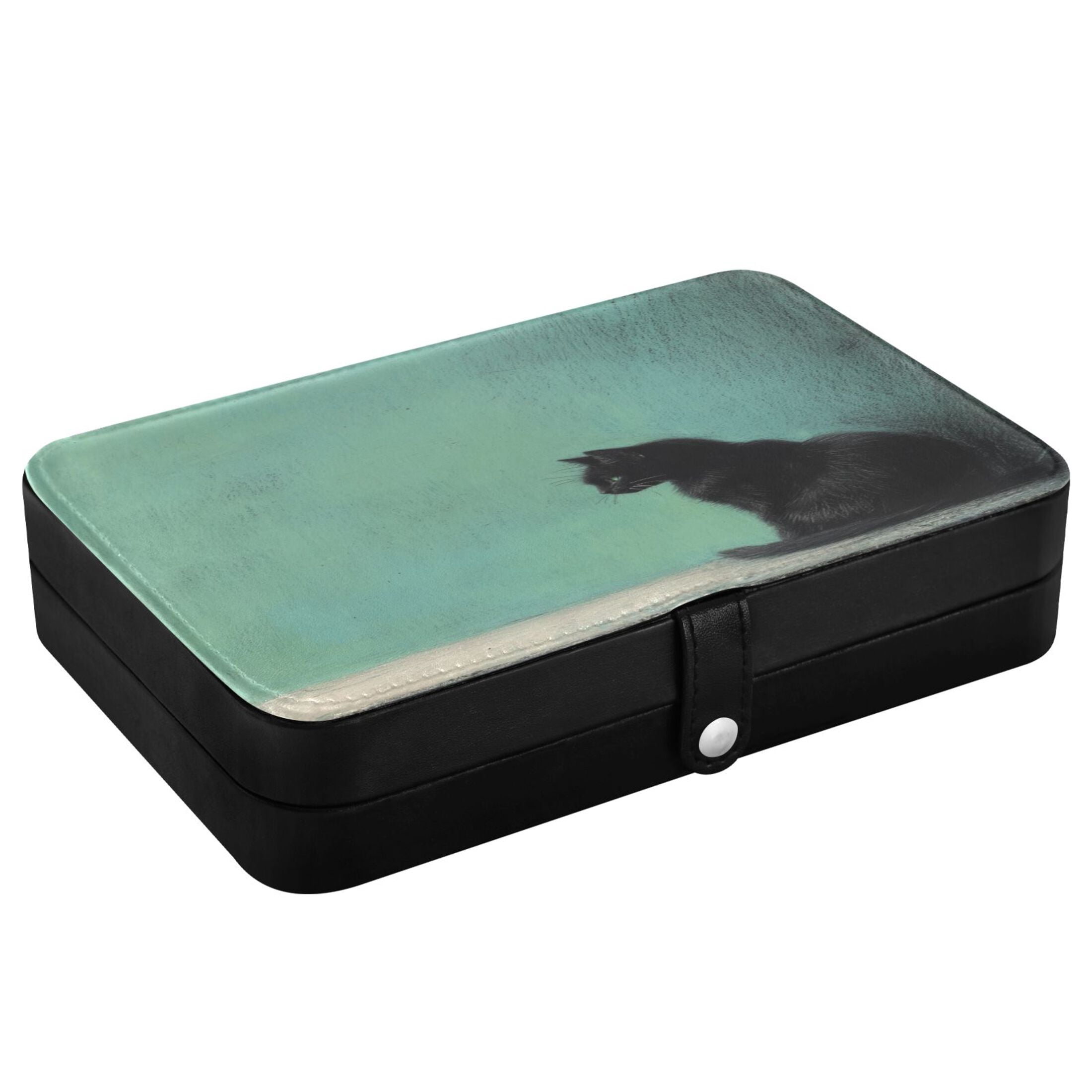 Leather Jewelry Box Rectangular 8.27x5.5x1.78In Travel Jewelry Storage Earrings Necklace Bracelet Watch Brooch Storage Black Cartoon Cat