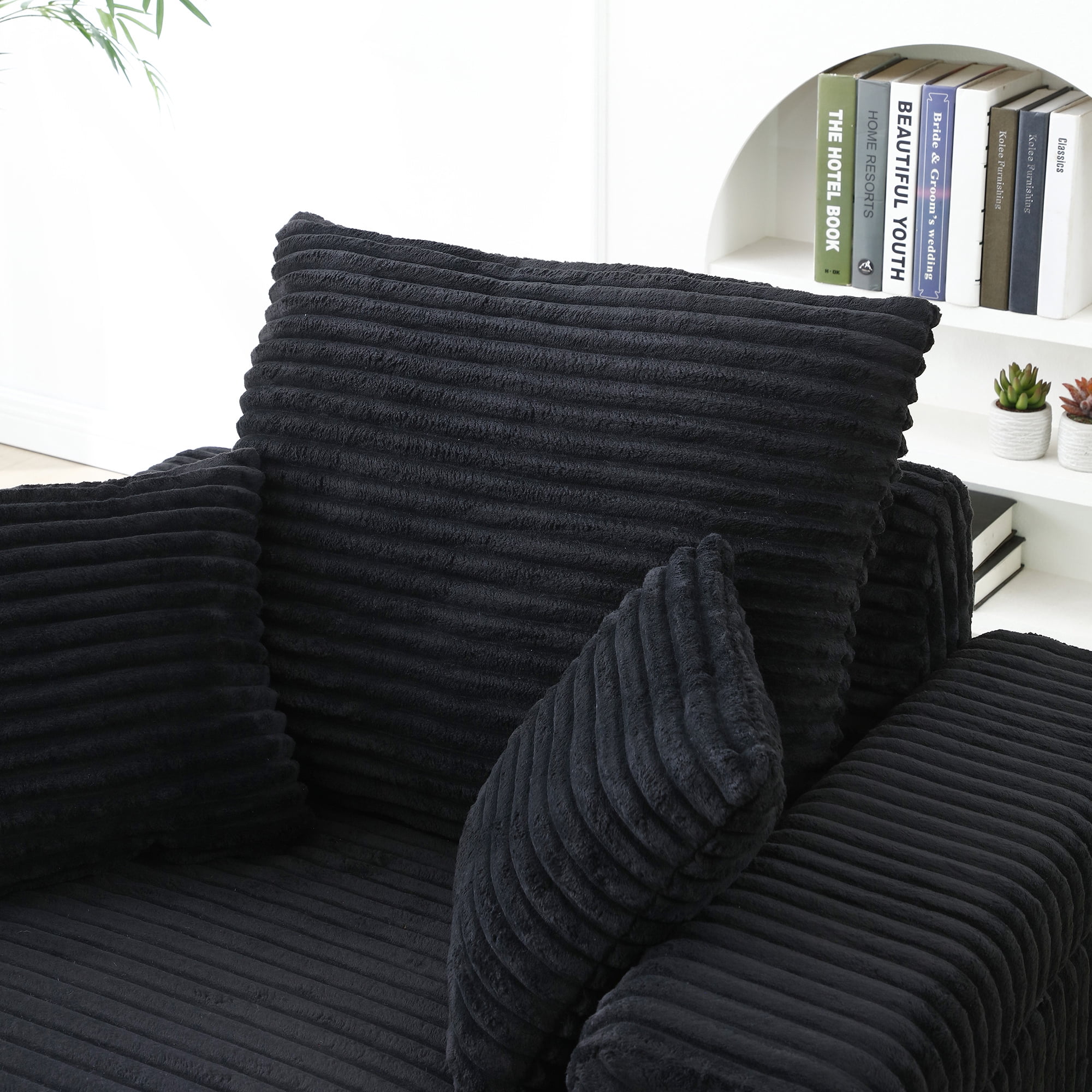 Aukfa 43 inch Corduroy Chaise w/ 2 Cupholders&Storage Ottoman, Plush Chair Bed, 3 Pillows, Black