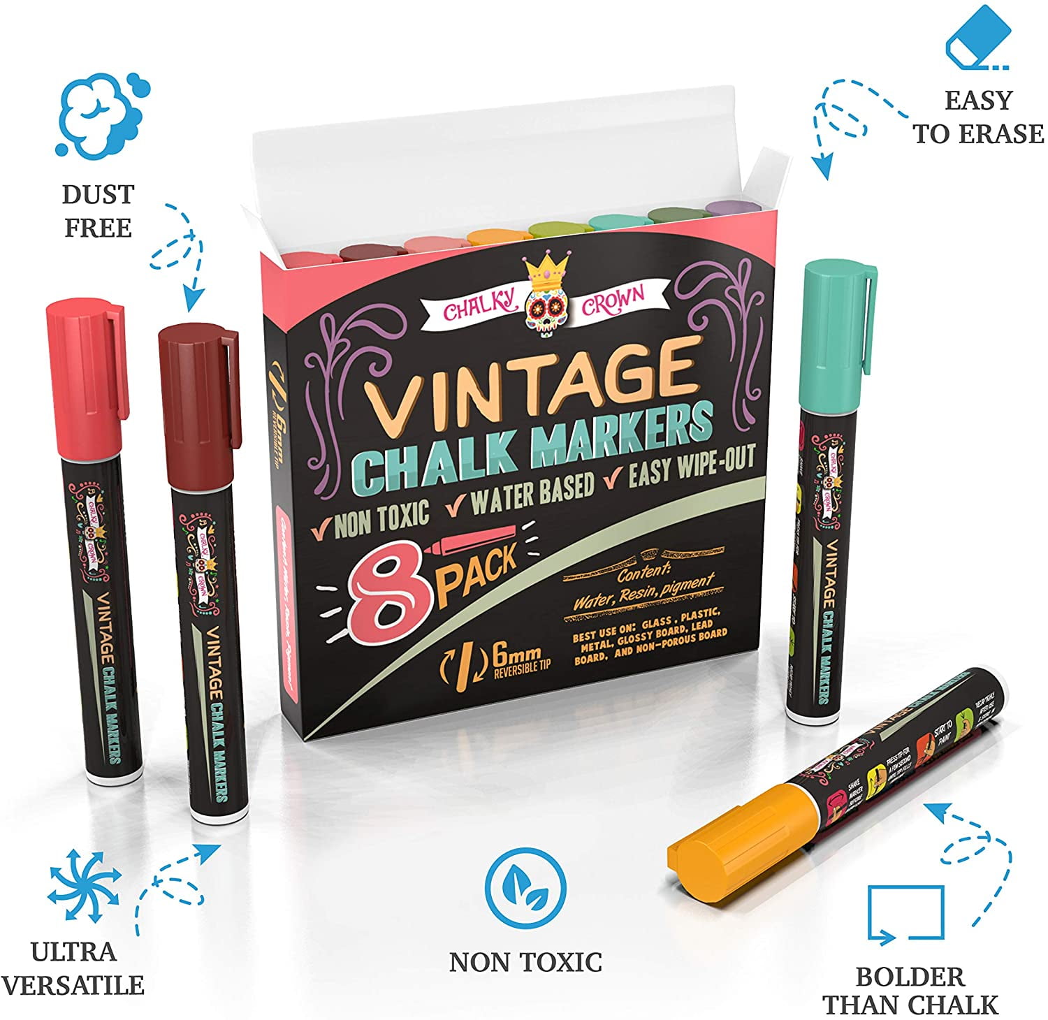 Bunnyclover Chalk Markers, Bold Wet and Dry Erase Marker Pens, Liquid Chalk  Markers for Chalkboards, Whiteboard, Signs, Windows, Glass,Mirrors, Window