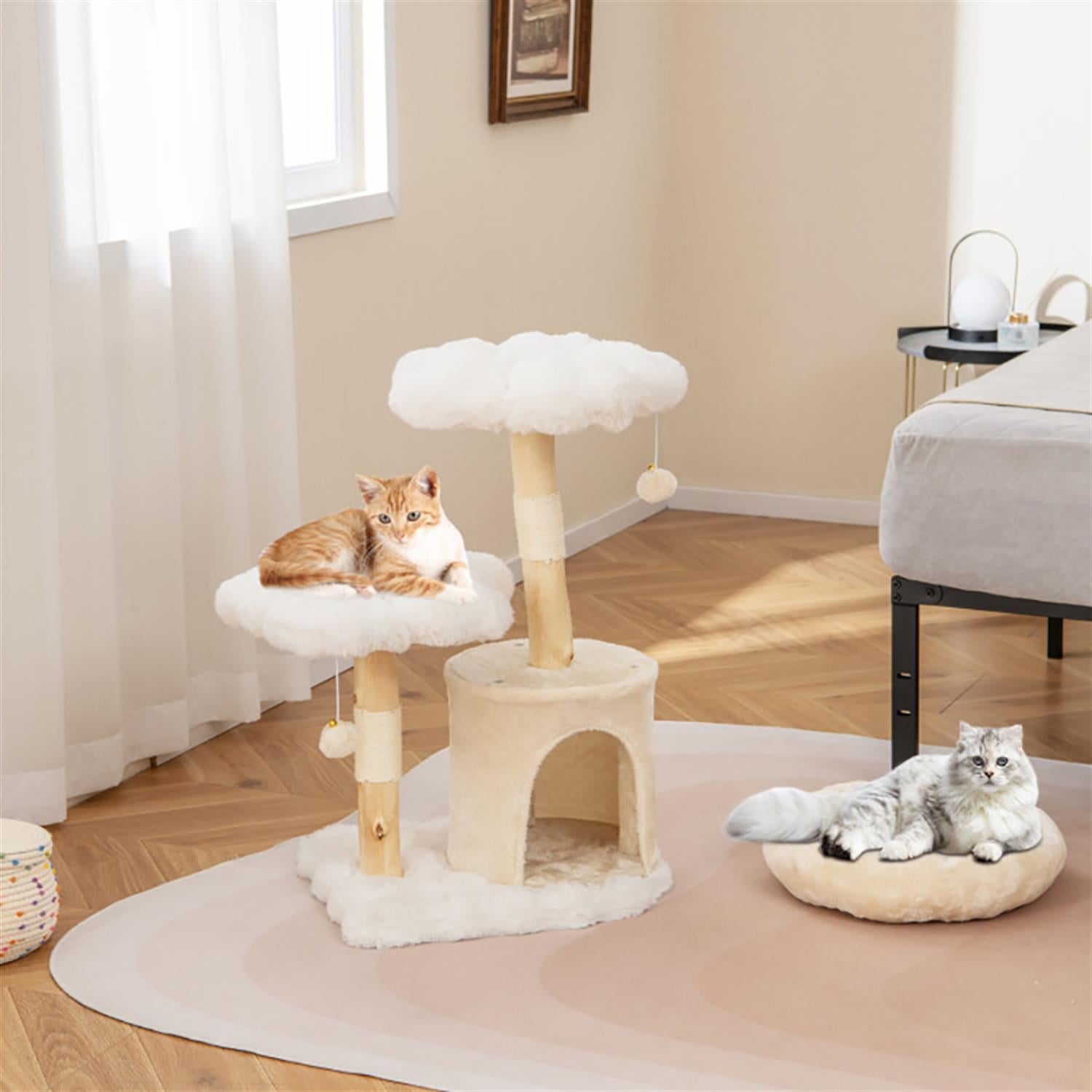 resenkos 32" Cat Tree Tower with Natural Branch for Indoor Cats, Cute Plush Cat Tree House with Scratching Posts and Dangling Ball, Beige